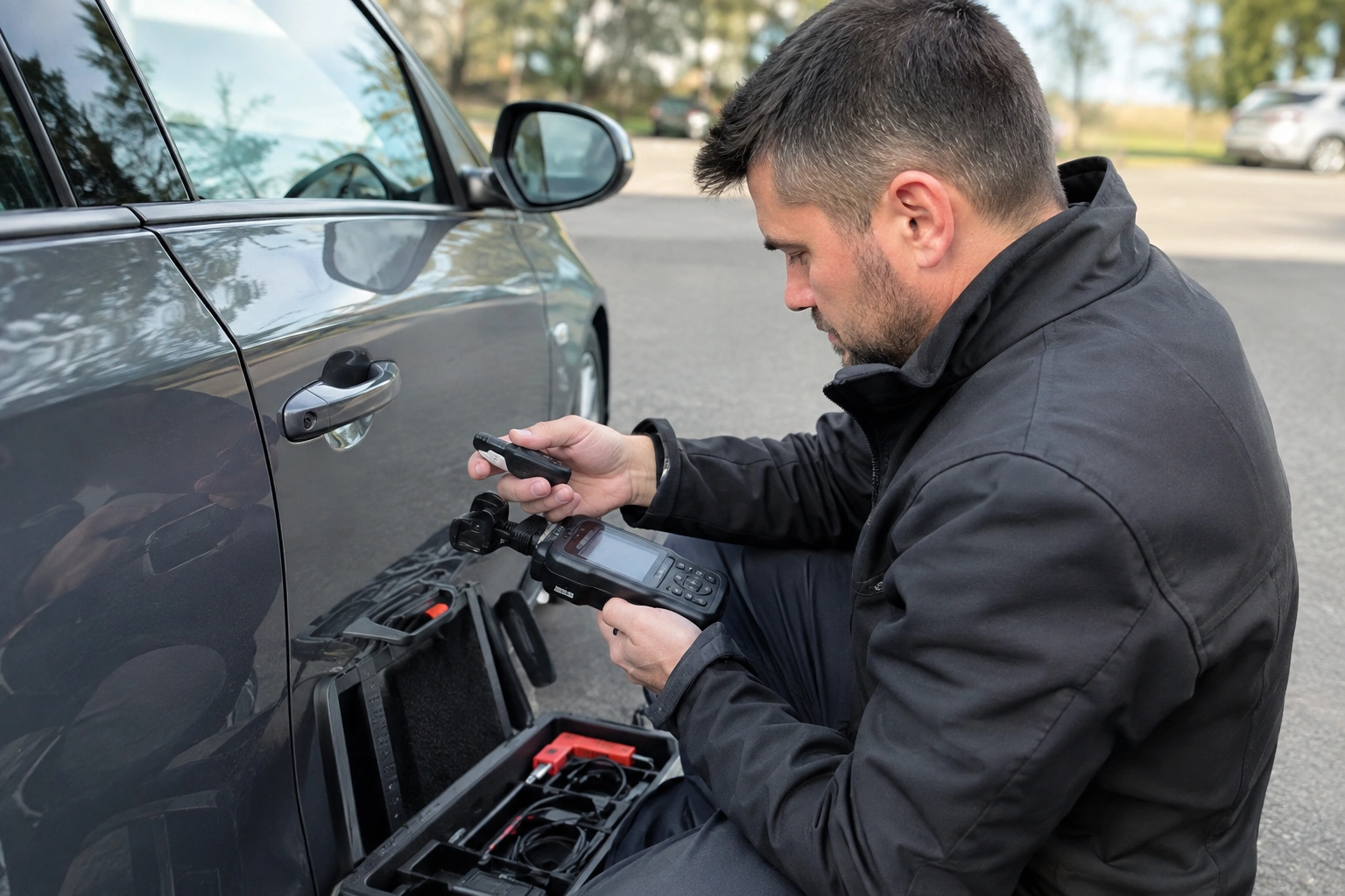Mobile locksmith replacing a lost car key beside a parked vehicle