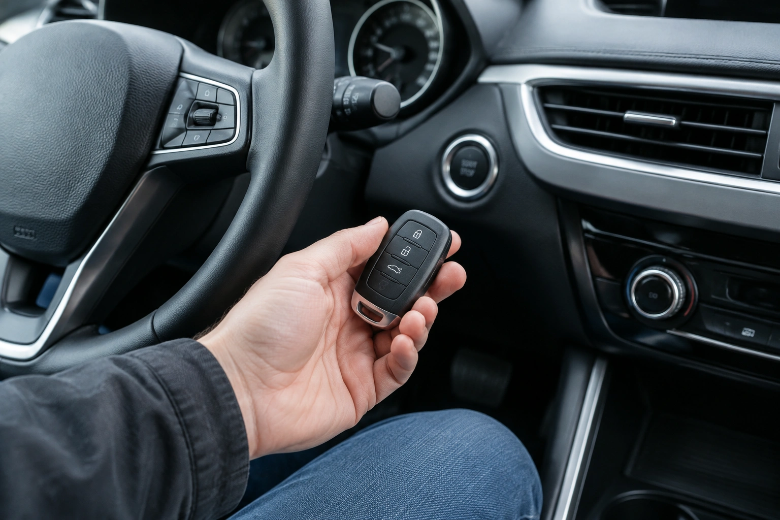 Driver holding a car key fob near a push-button start