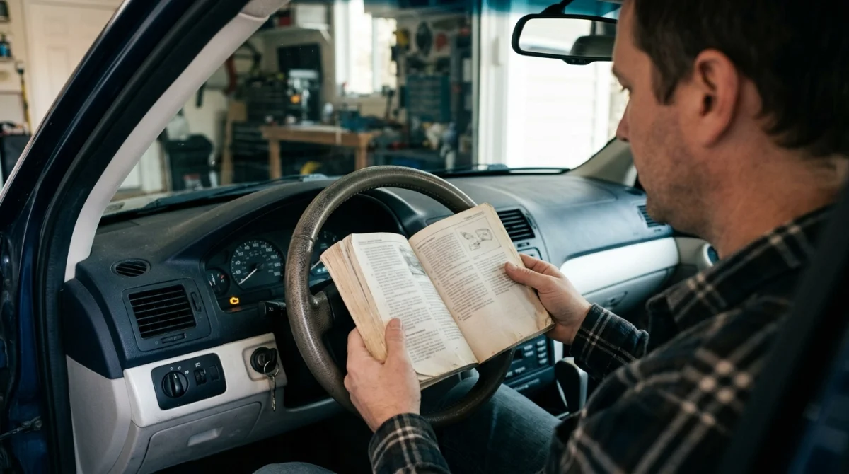 Driver checking manual OBD2 code-reading options in a car using the dashboard and owner's manual.
