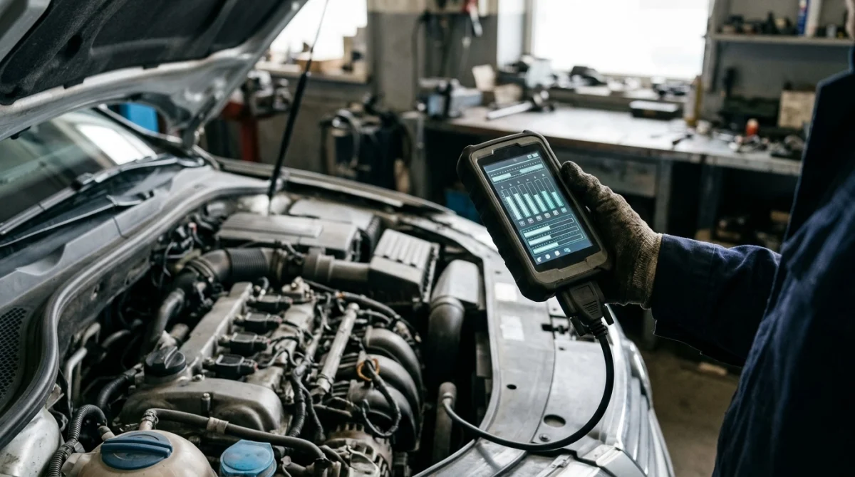 OBD2 scanner displaying engine monitoring results beside an open car engine bay.