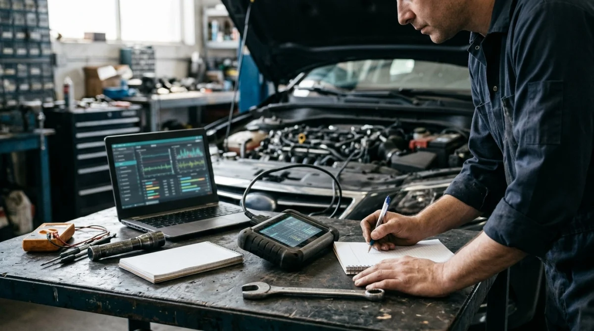 Automotive technician recording OBD2 diagnostic results before investigating an engine misfire.