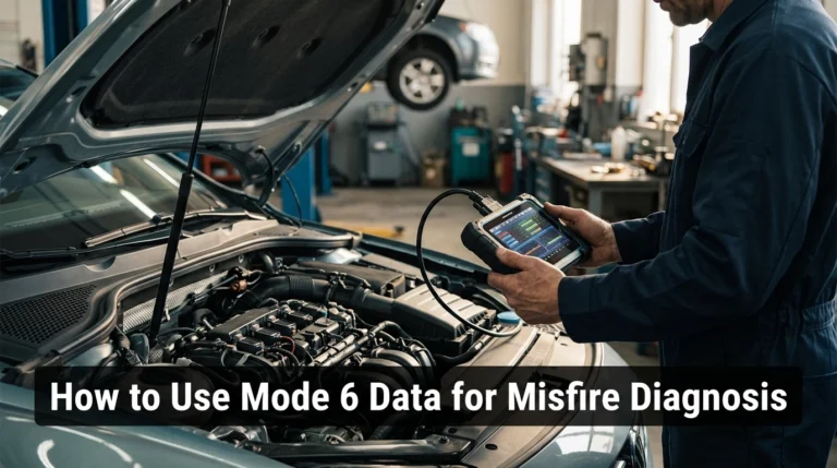 Automotive technician using an OBD2 scanner to investigate engine misfire data.