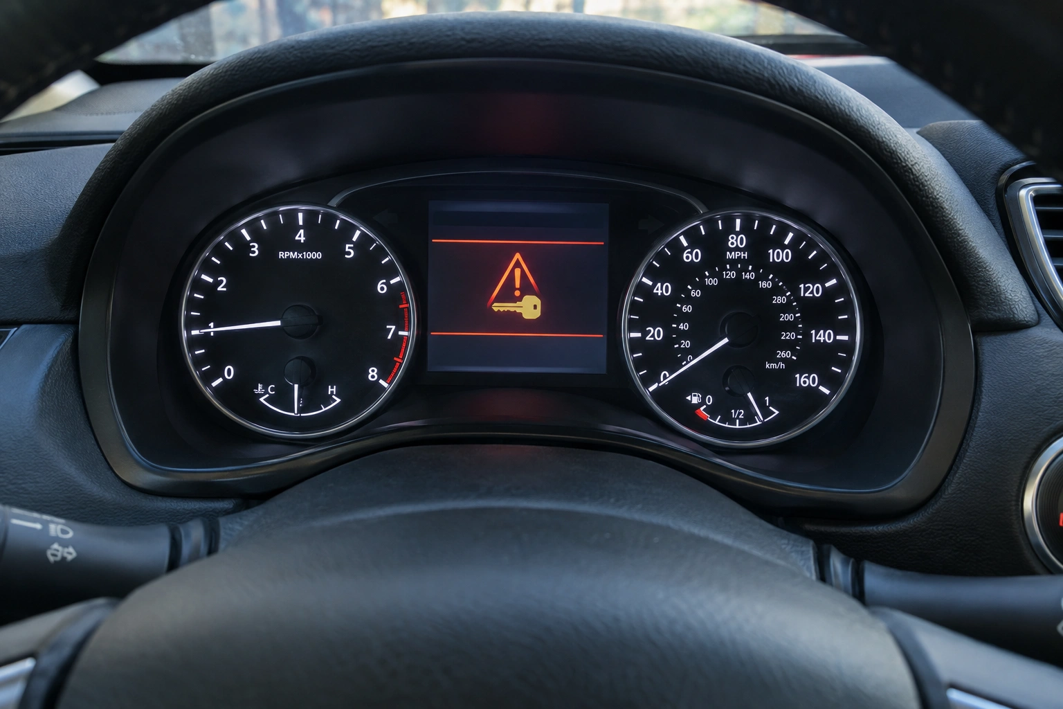 Nissan dashboard showing key system error warning