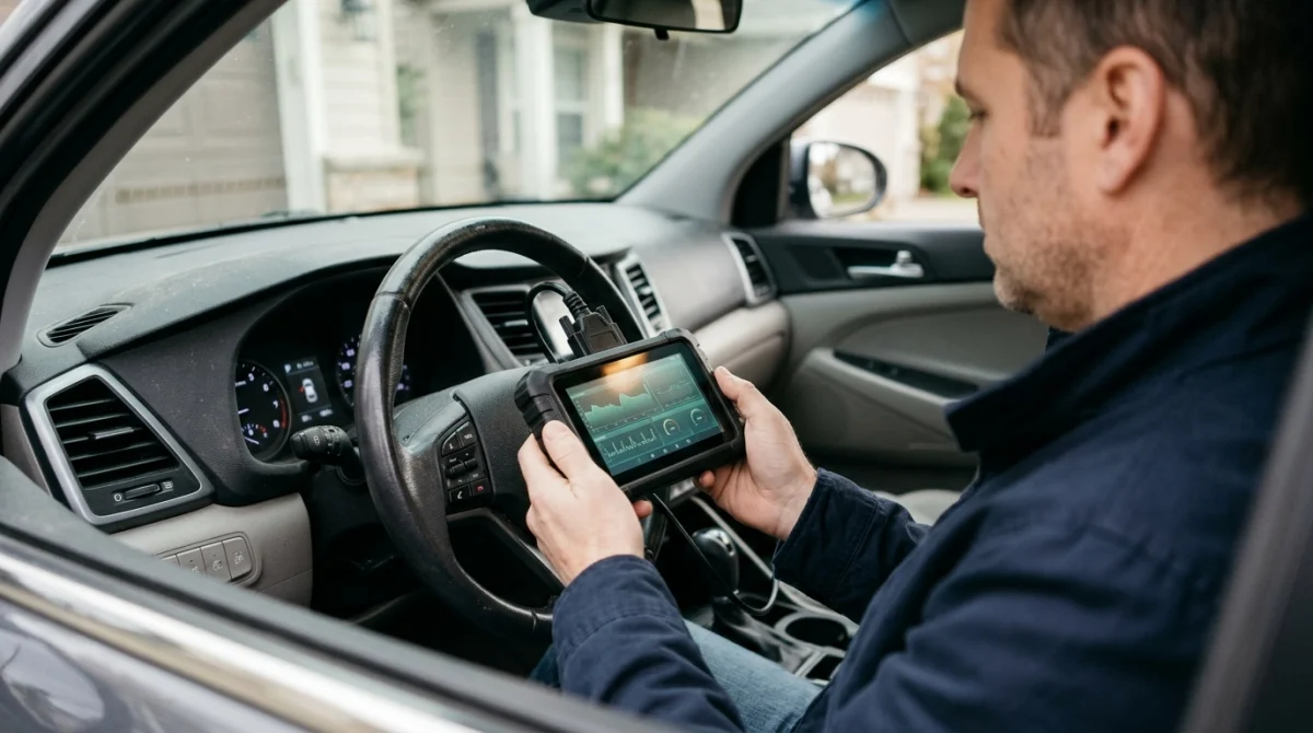 Vehicle owner checking long-term fuel trim on an OBD2 scanner inside a parked car.