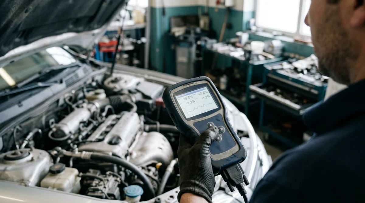 OBD2 scanner displaying near-zero short term fuel trim beside a warm idling car engine.