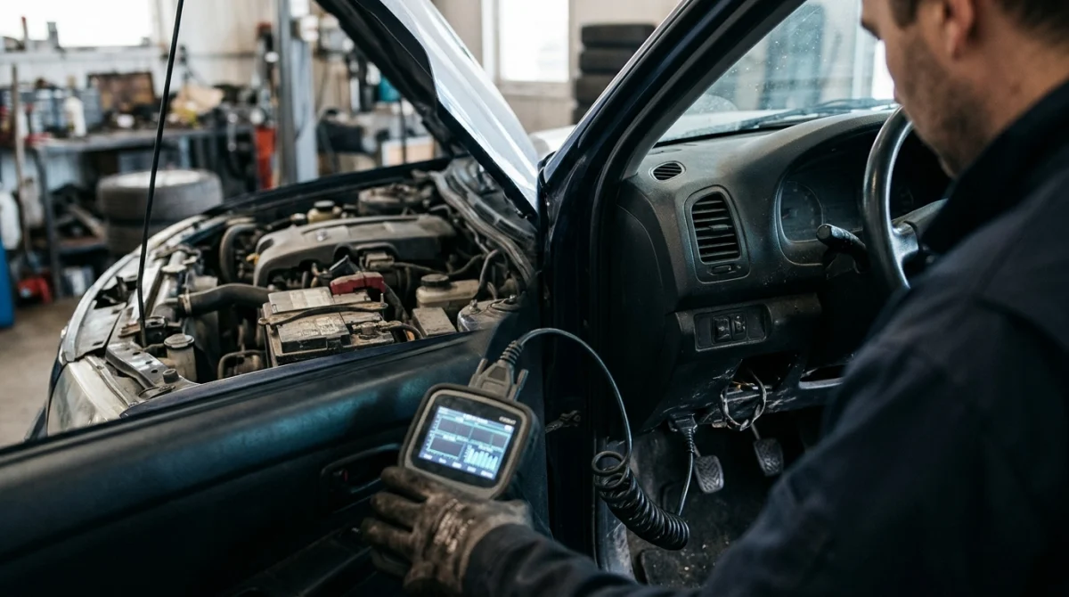 OBD2 scanner connected to a vehicle while the 12-volt battery is inspected.