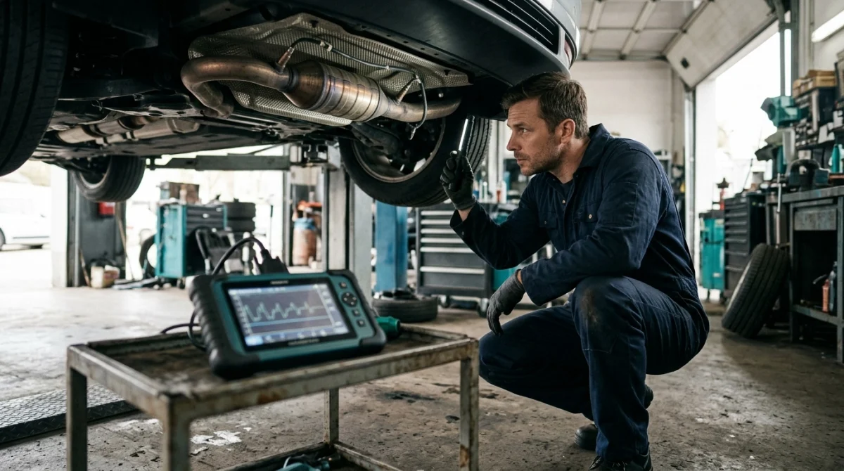 Mechanic examining a catalytic converter and oxygen sensor locations during an OBD2 diagnostic check.