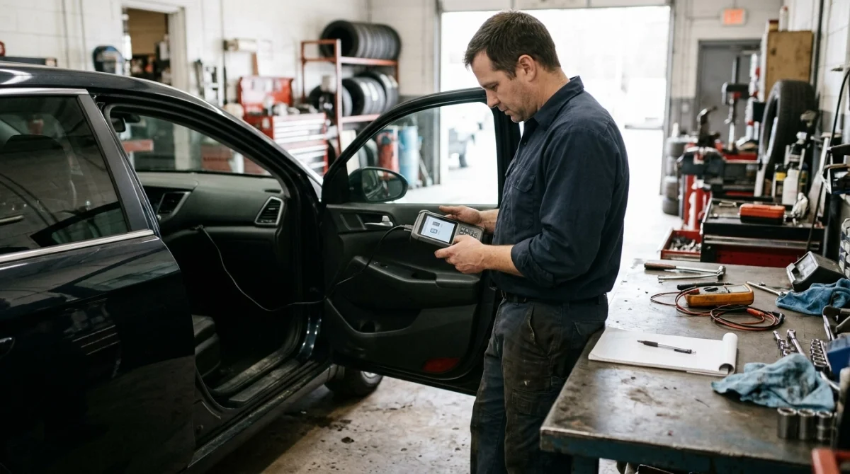 Automotive technician reviewing an OBD2 scanner when readiness monitors remain Not Ready.
