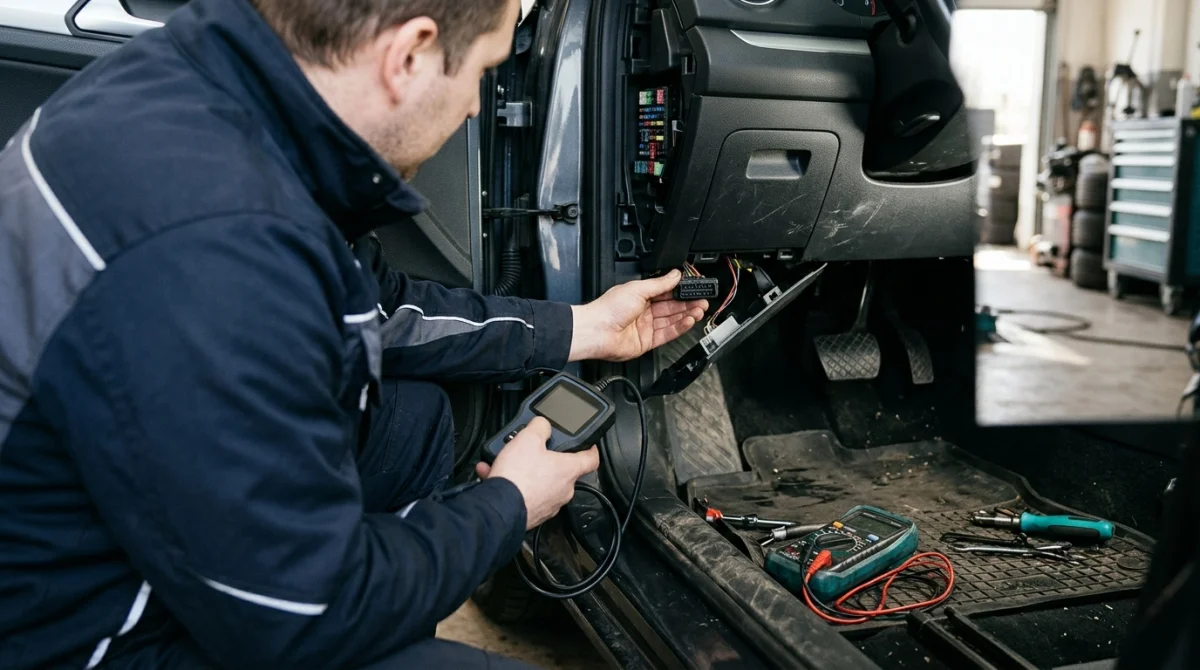 Mechanic inspecting a vehicle's OBD2 socket and scanner during electrical troubleshooting.