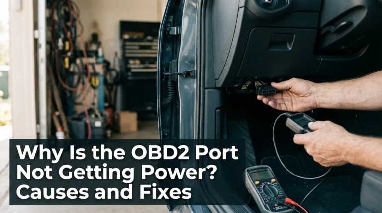 Mechanic checking an OBD2 port that is not getting power with a scanner and multimeter.