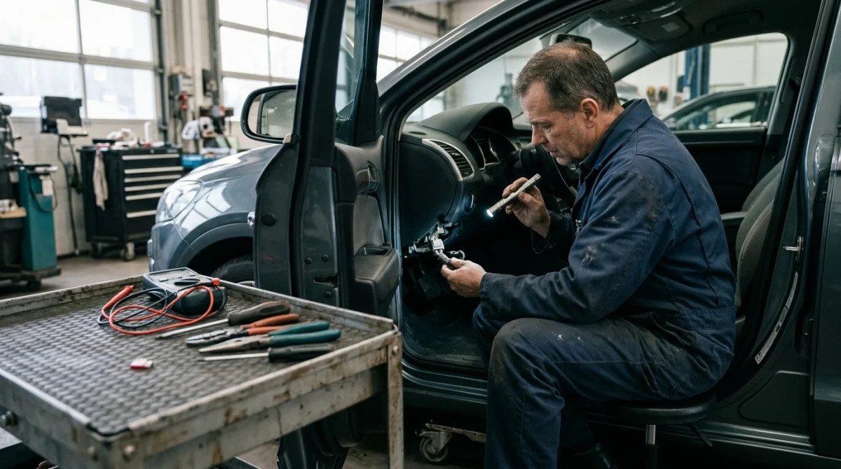 Automotive technician inspecting damaged OBD2 connector terminals and wiring in a workshop.