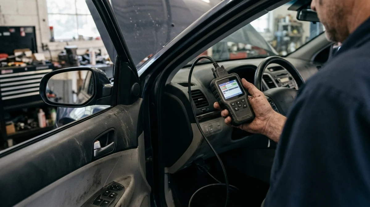 Close-up of an OBD2 scanner connected to a car during engine misfire diagnosis.