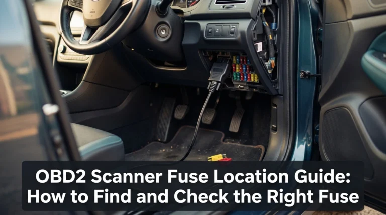 OBD2 scanner and automotive blade fuses beneath a vehicle dashboard.