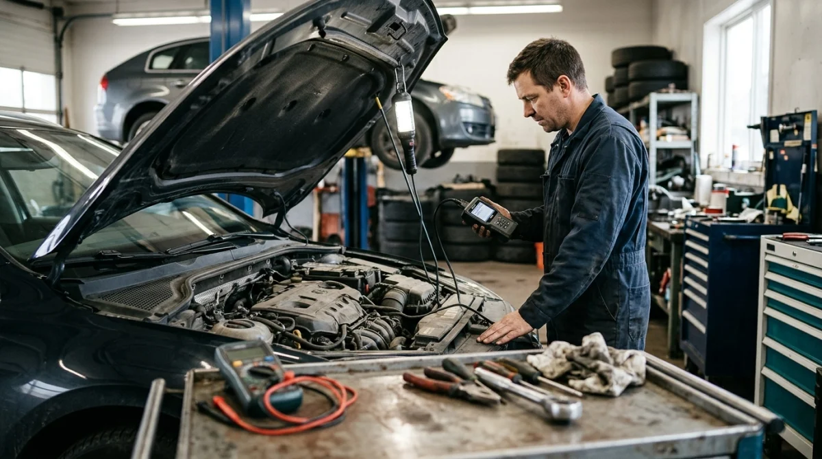 Technician using a multimeter and OBD2 scanner while investigating a car that will not start.