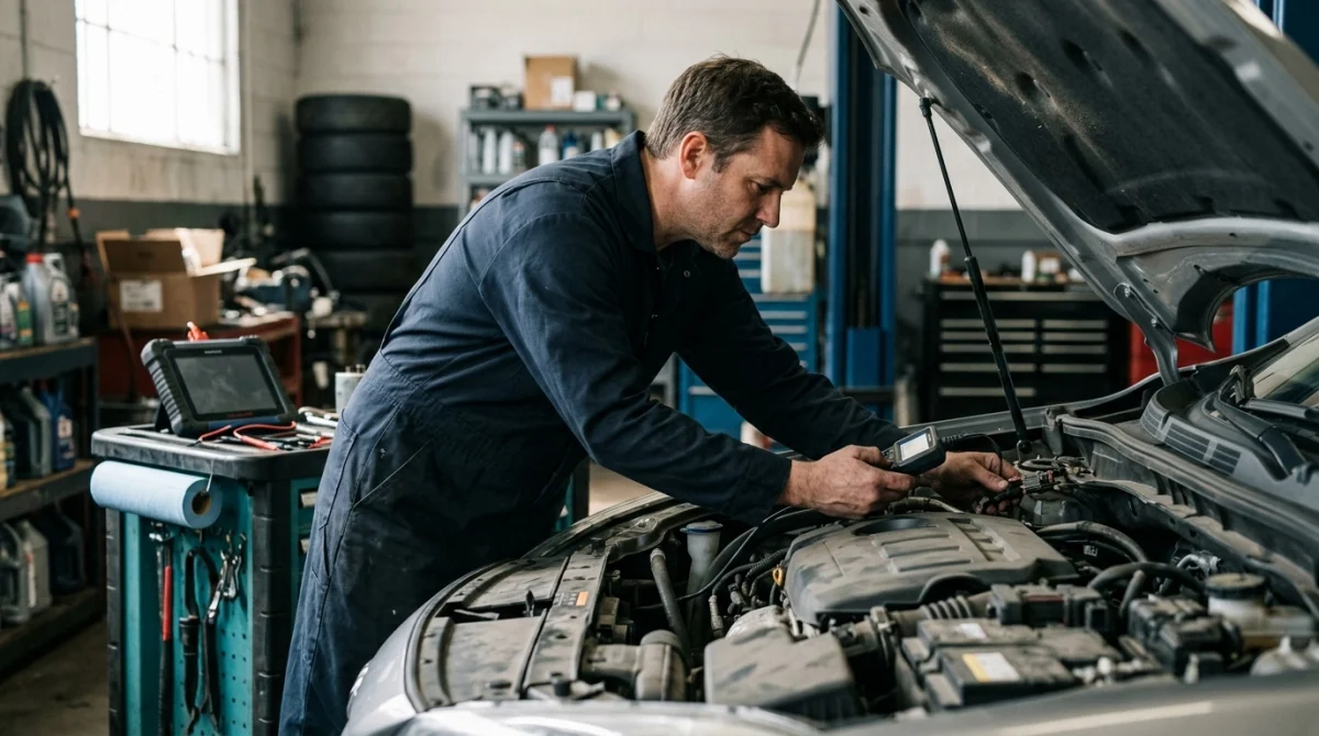 Automotive technician inspecting engine wiring alongside an OBD2 scanner in a repair workshop.