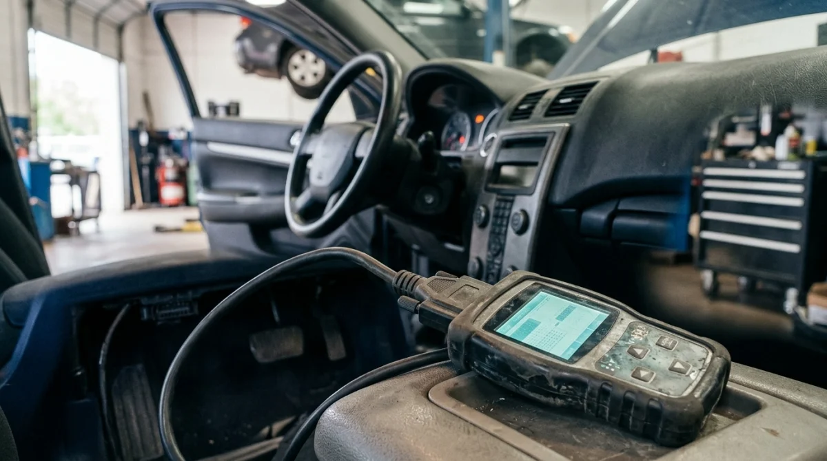 OBD2 scanner connected to a vehicle diagnostic port while the airbag warning symbol remains visible.