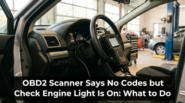 OBD2 scanner connected to a car dashboard with illuminated check engine light and no codes.