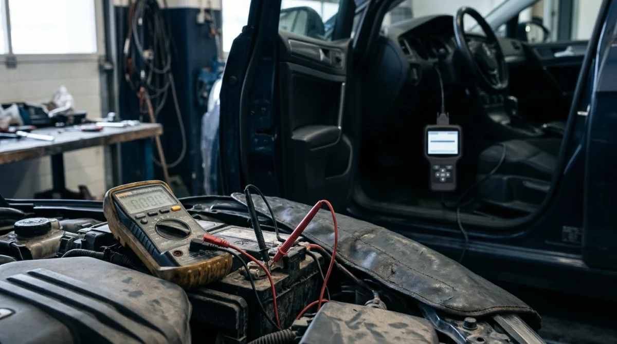OBD2 scanner and digital multimeter used to investigate missing battery voltage data.
