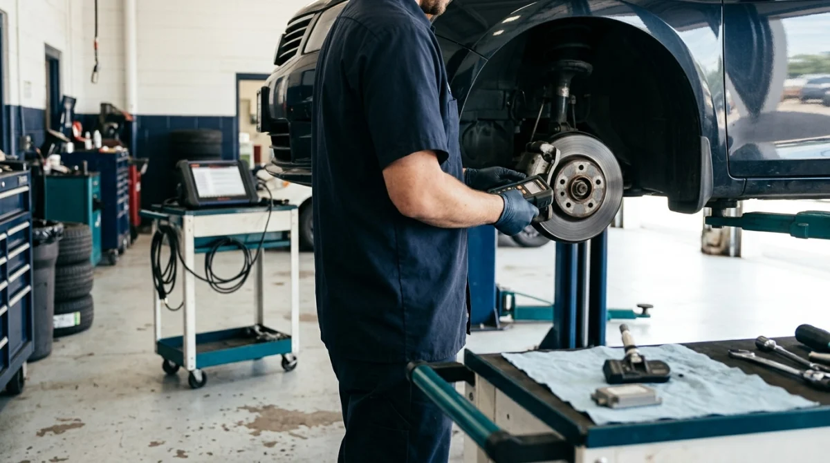 Technician using a dedicated TPMS tool beside a car wheel with a general diagnostic scanner nearby.