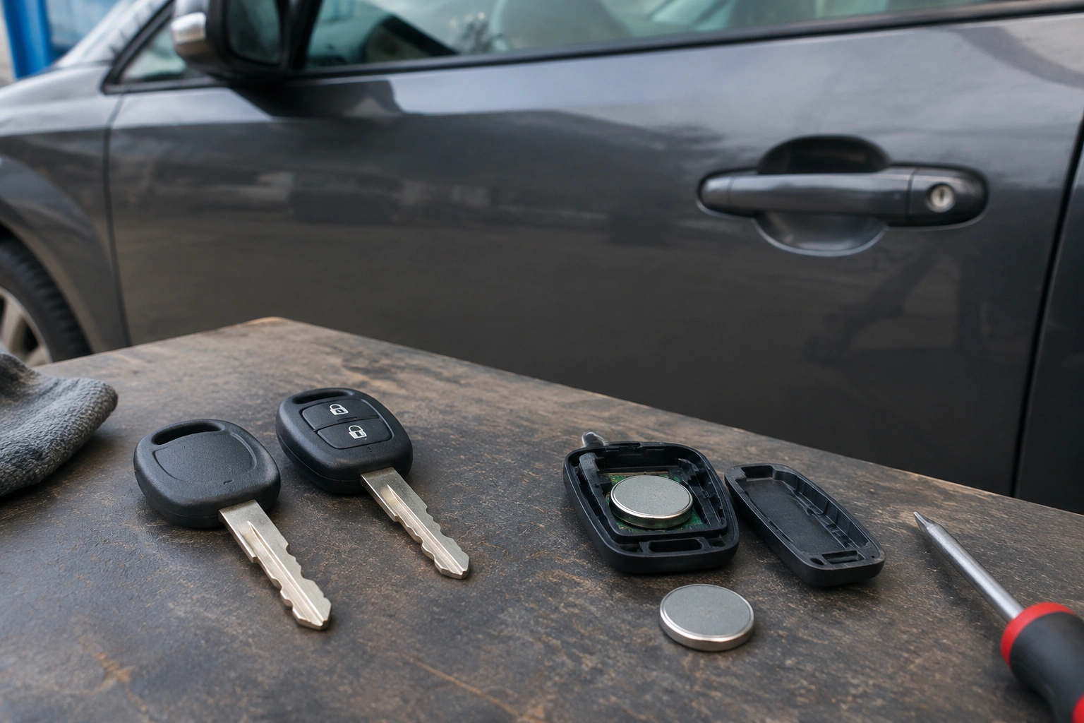 Car owner comparing a working key fob with a nonworking one