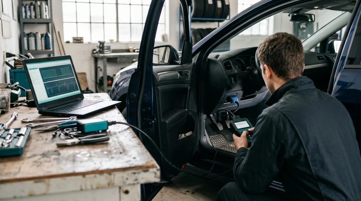 OBD2 scanner and diagnostic equipment prepared for oxygen sensor testing in a car workshop.