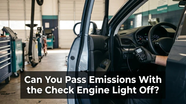 Car with check engine light off and an OBD2 scanner before an emissions test.