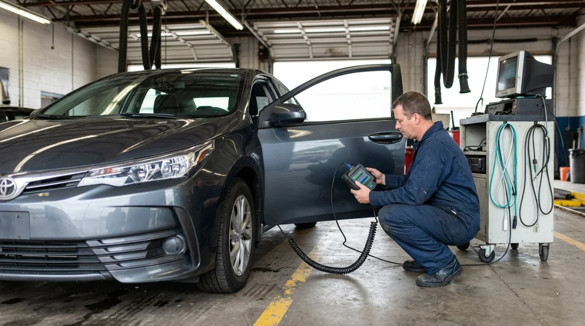 Technician checking OBD2 diagnostic information at a vehicle emissions inspection station.