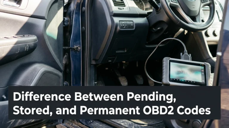 OBD2 scanner connected to a car for checking pending, stored, and permanent diagnostic trouble codes.