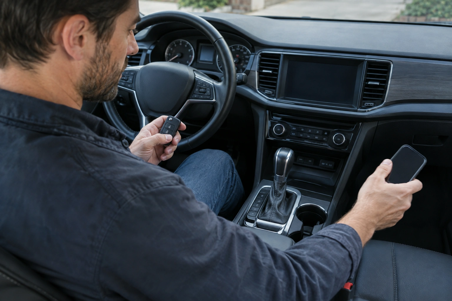 Driver moving a phone away from a car key fob to test signal interference