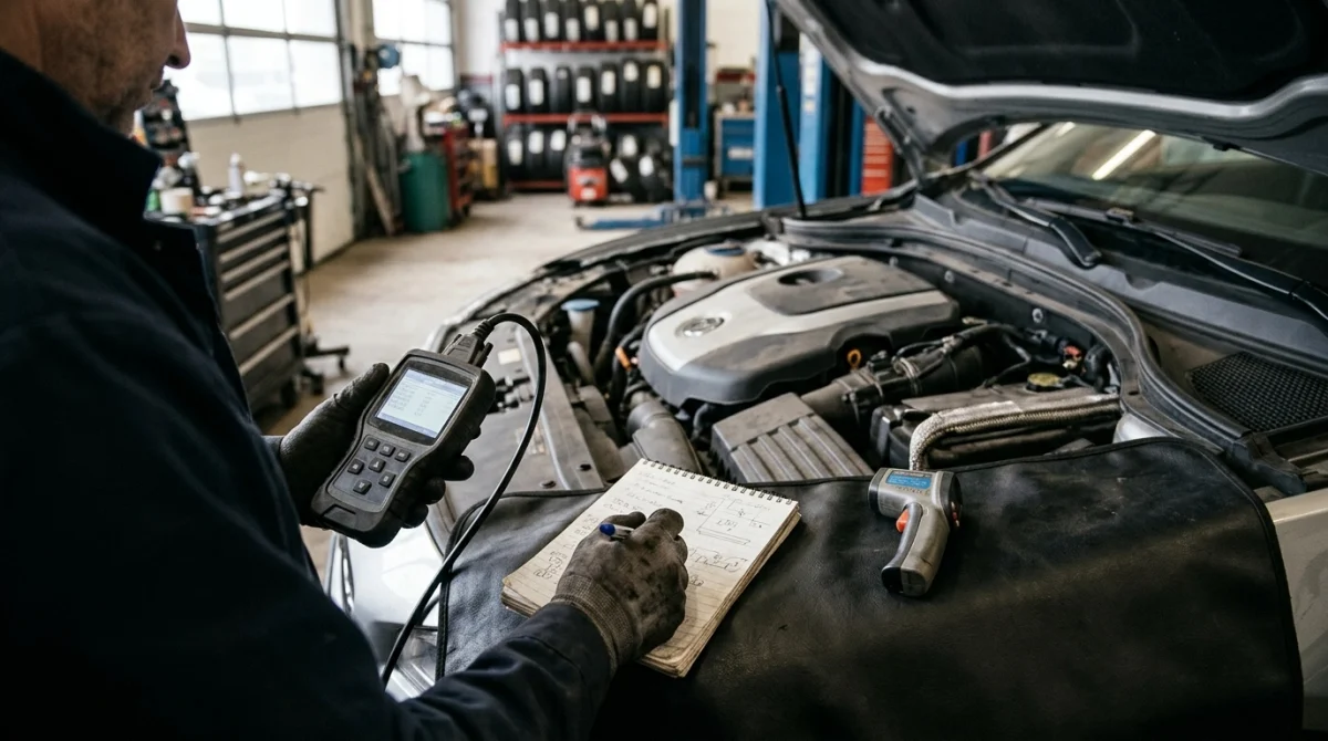 Mechanic connecting an OBD2 scanner and recording engine readings during rough-idle diagnosis.
