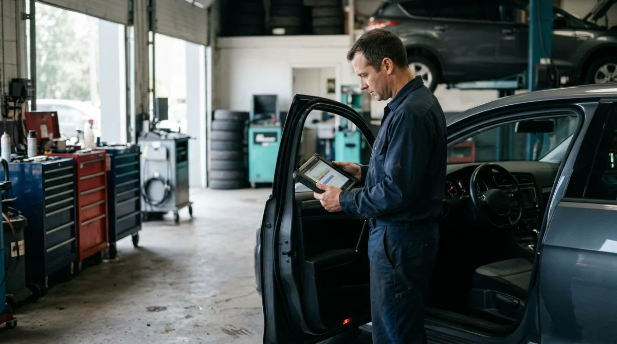 Automotive technician inspecting an airbag warning light with a diagnostic tablet in a repair garage.