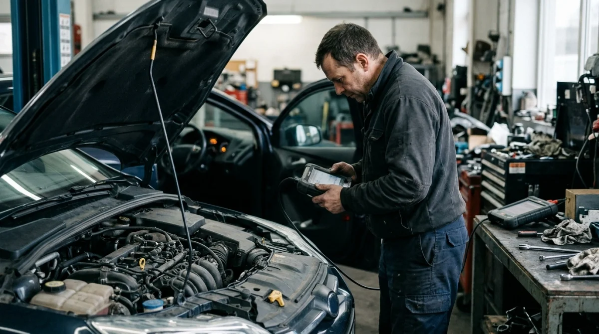 Automotive technician examining an OBD2 scanner beside an open vehicle hood.