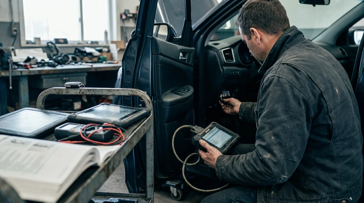 Automotive technician examining a vehicle diagnostic port with professional scan tools in a repair workshop.