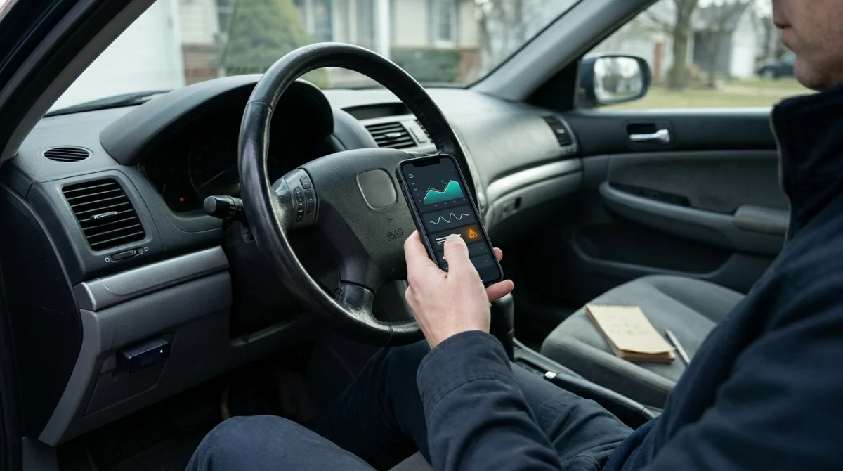 Car owner reviewing diagnostic data on an iPhone connected to an OBD2 scanner beneath the dashboard.