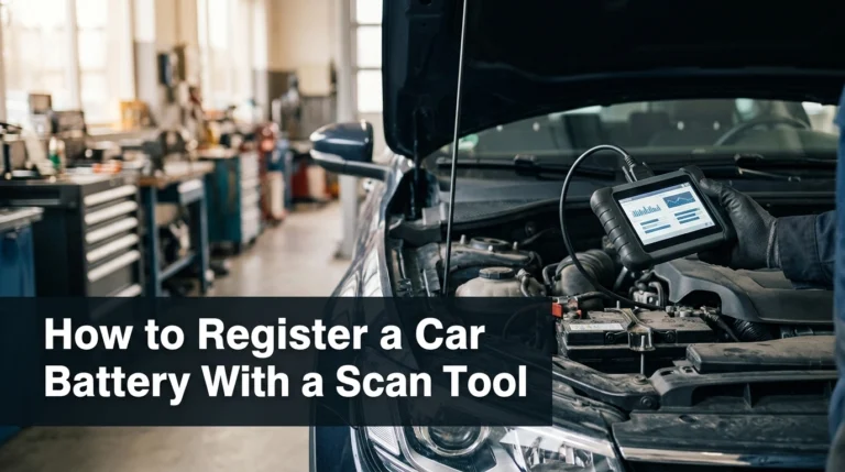 Technician using a diagnostic scan tool to register a replacement car battery.