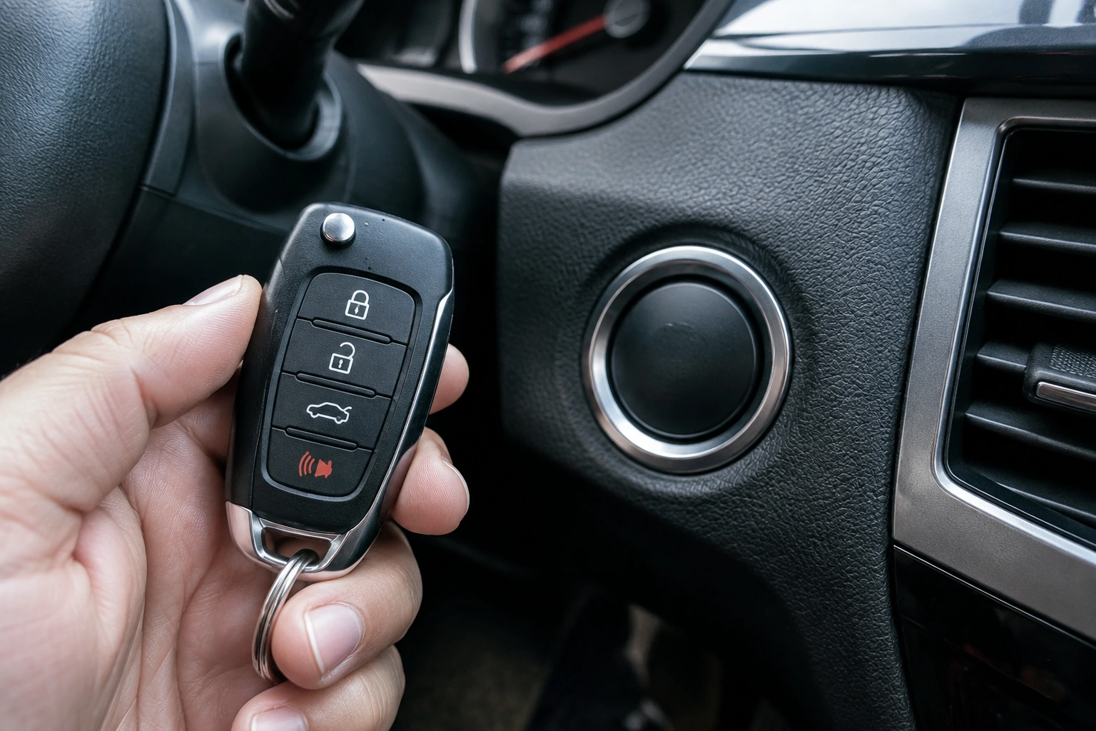 Car owner checking a key fob battery during push-button start troubleshooting