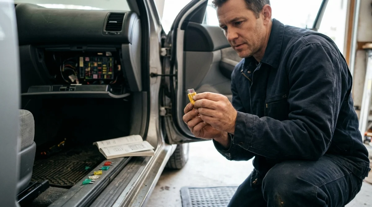 Technician inspecting an automotive blade fuse with a plastic fuse puller