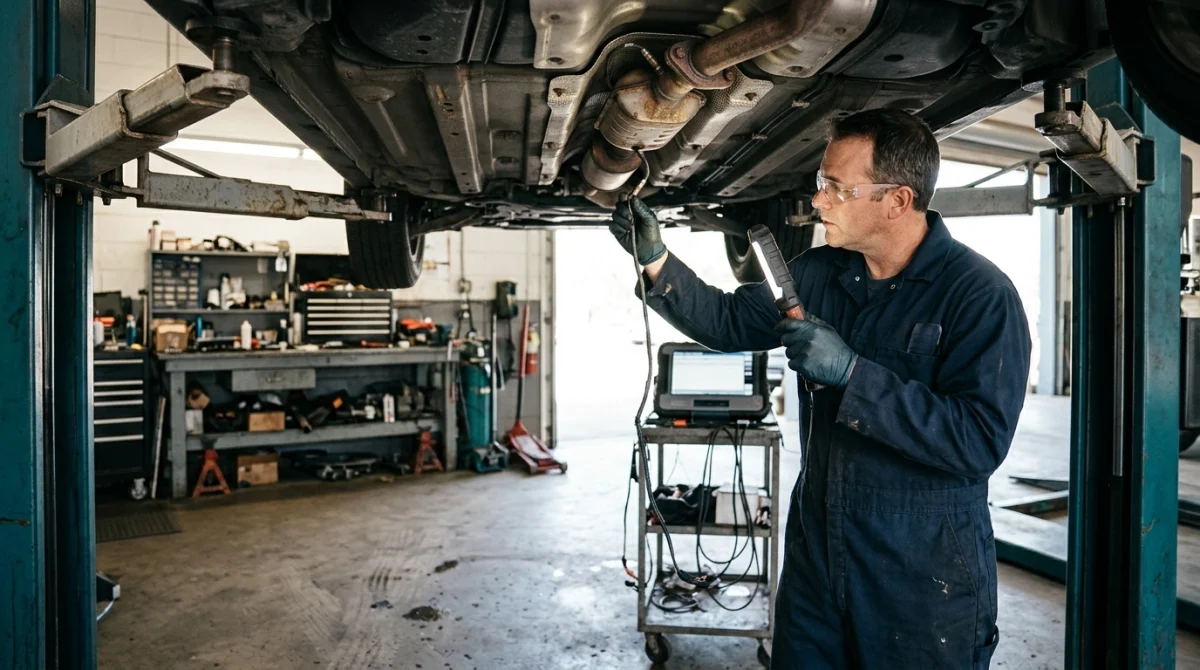 Technician inspecting exhaust joints and oxygen sensor wiring while diagnosing a catalytic converter fault.