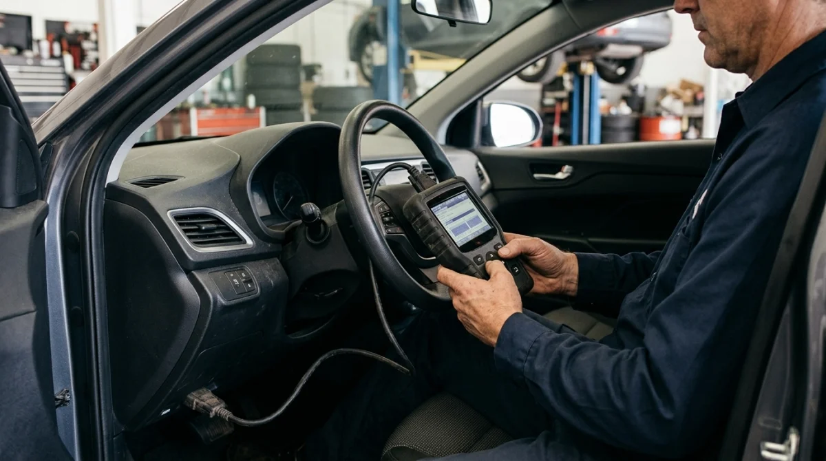 Technician connecting an OBD2 scanner beneath a car dashboard to investigate a no-start problem.