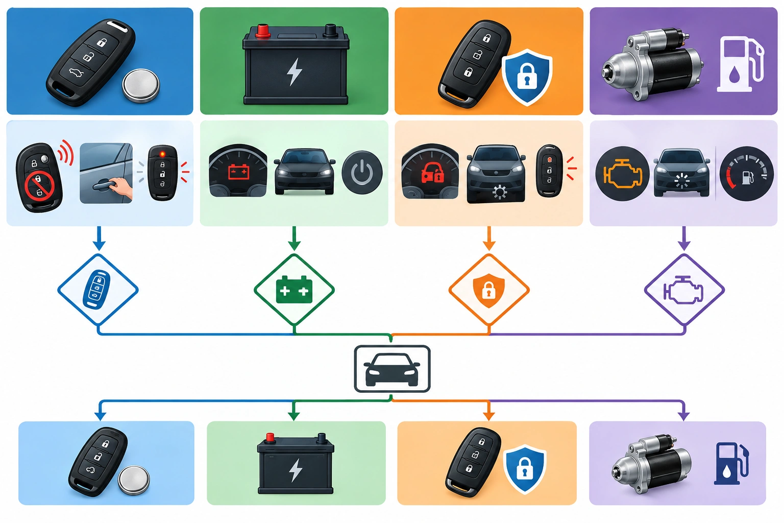 Comparison chart for key fob battery, car battery, immobilizer, and starter symptoms