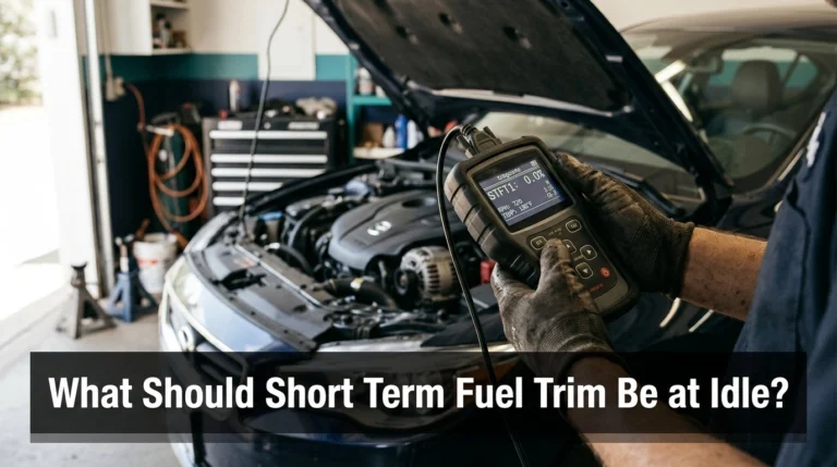 Mechanic checking short term fuel trim at idle with an OBD2 scanner beside an open engine bay.