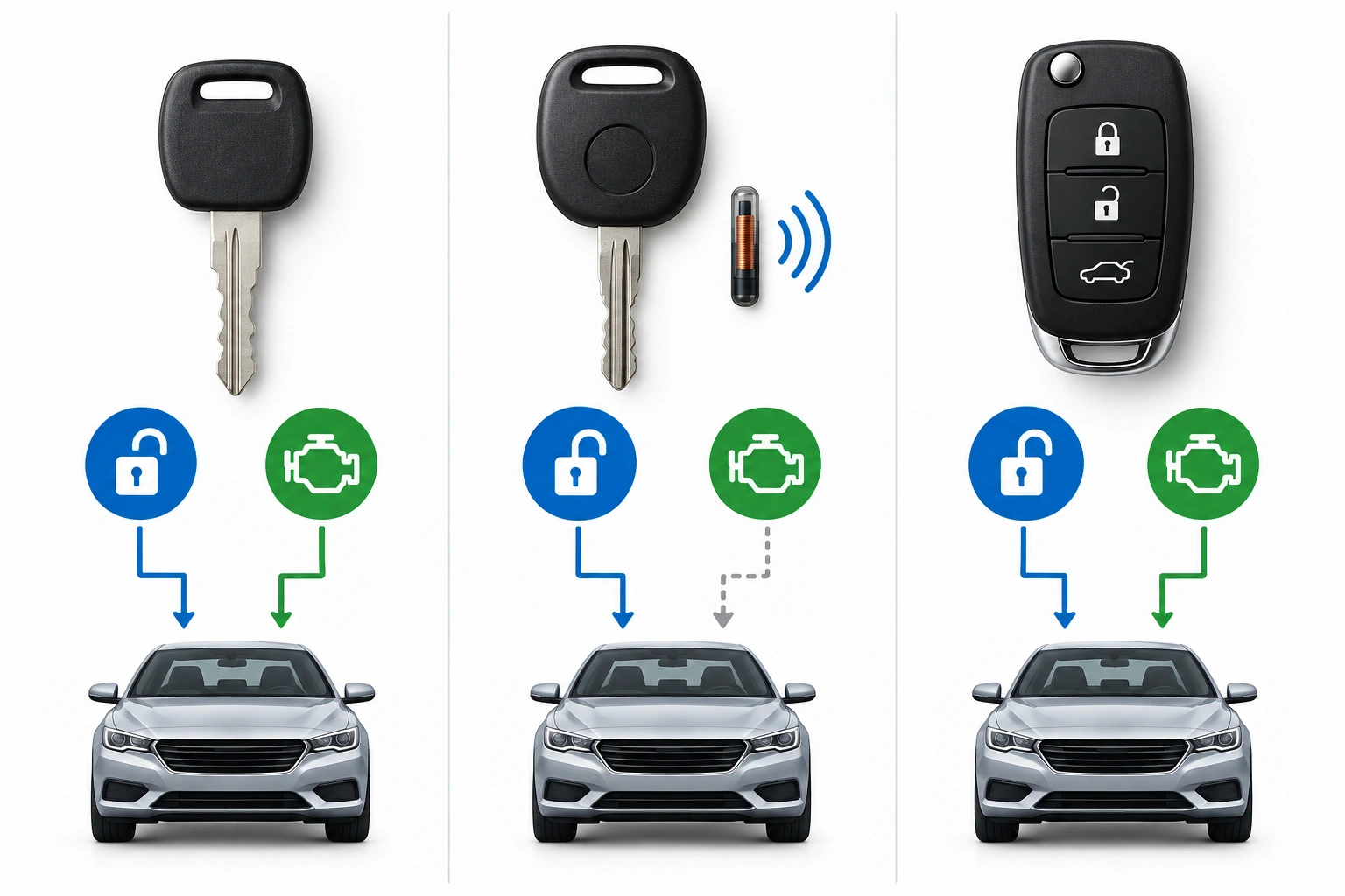 Comparison of mechanical key, transponder key, and remote key fob functions