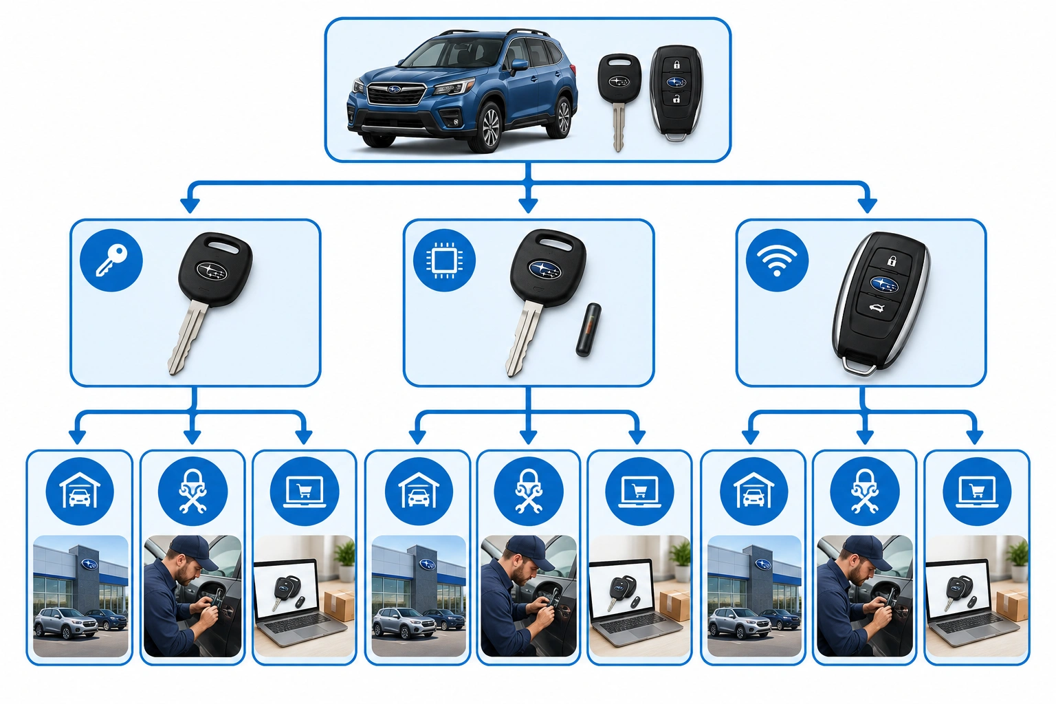 Subaru key replacement decision flowchart for lost key, transponder, and smart fob scenarios