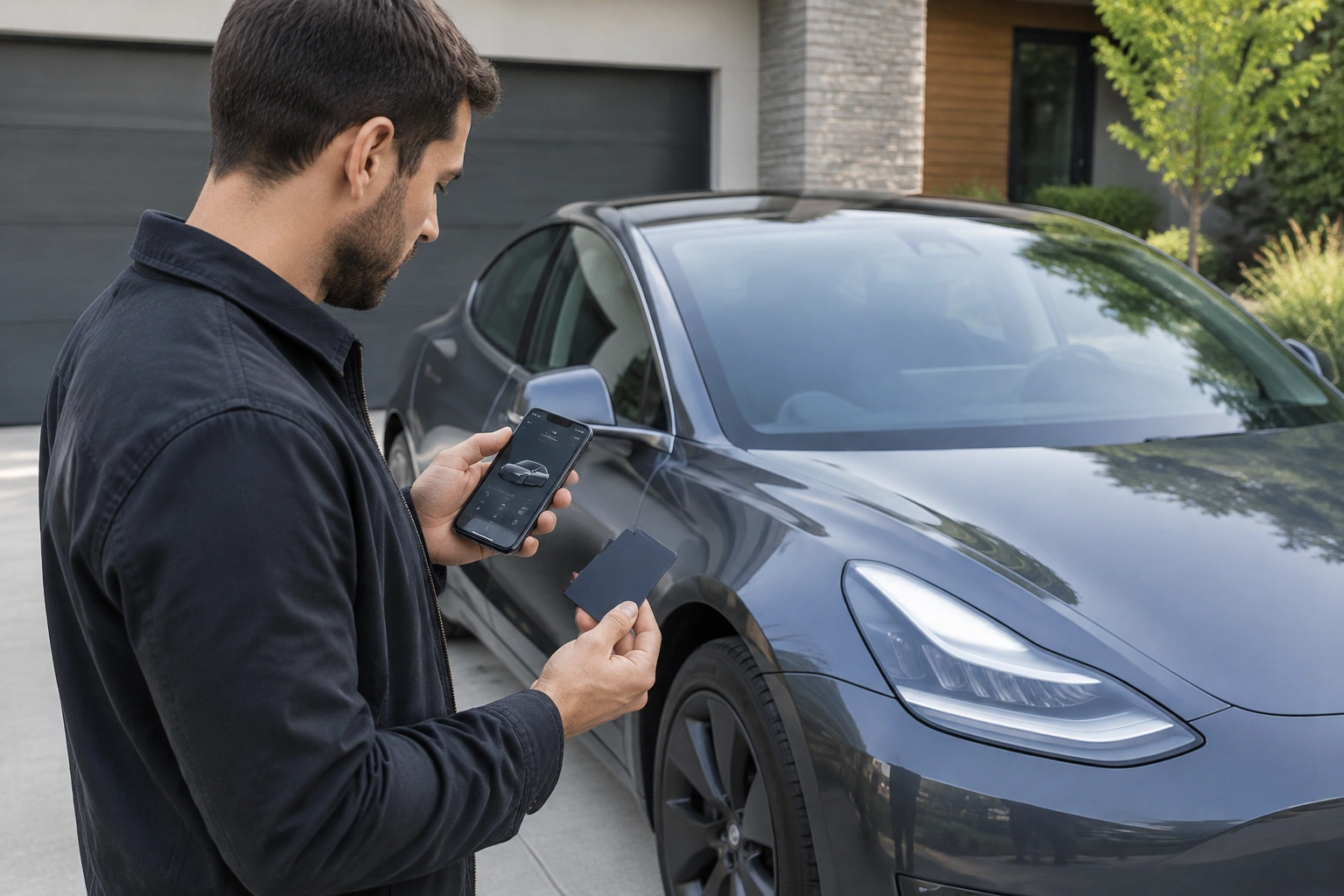 Tesla driver checking phone key and backup key card