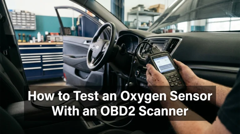 Mechanic connecting an OBD2 scanner to test an oxygen sensor in a modern car.