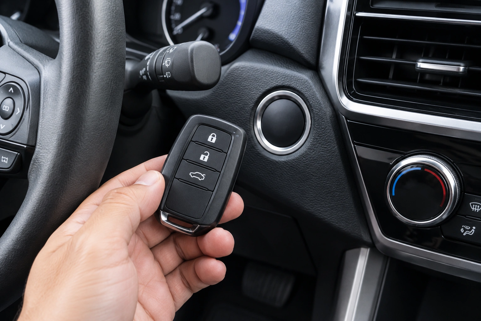 Toyota key fob near a push-button start with a key not detected warning