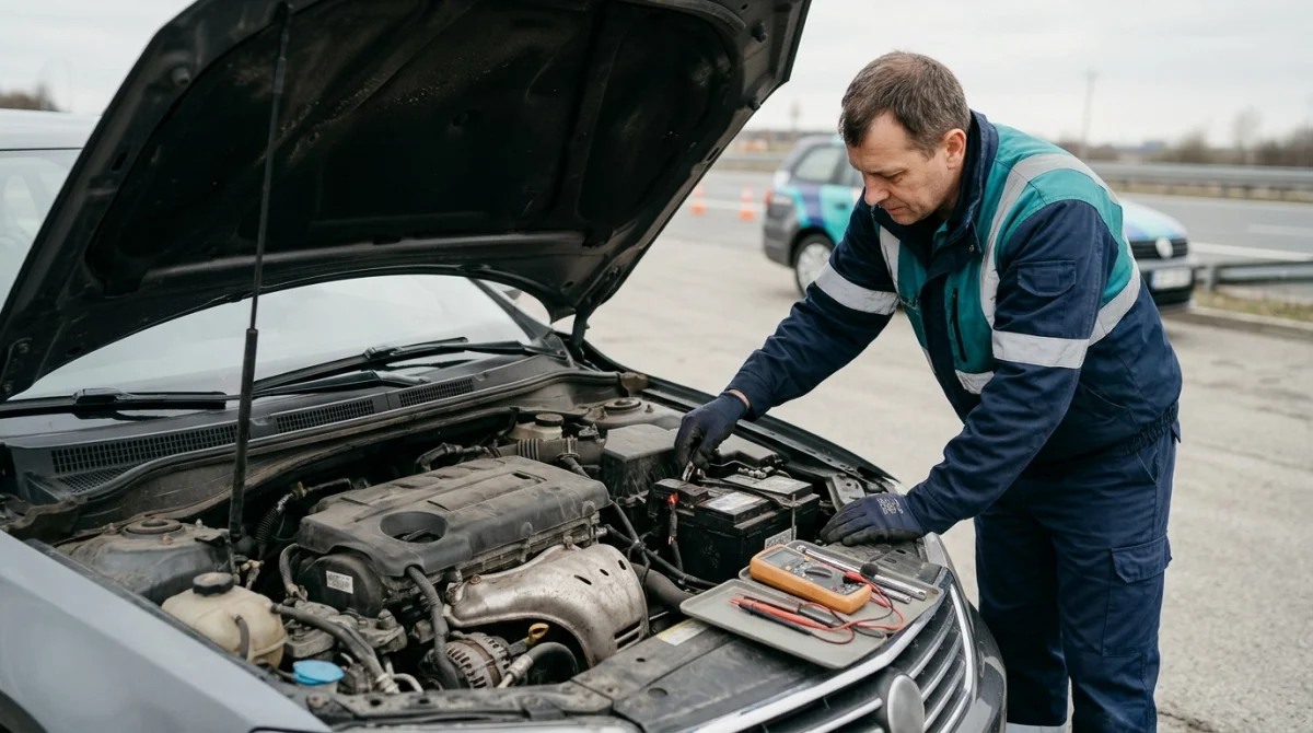 Technician inspecting a car battery, alternator belt, and wiring after an OBD2 charging-system warning.