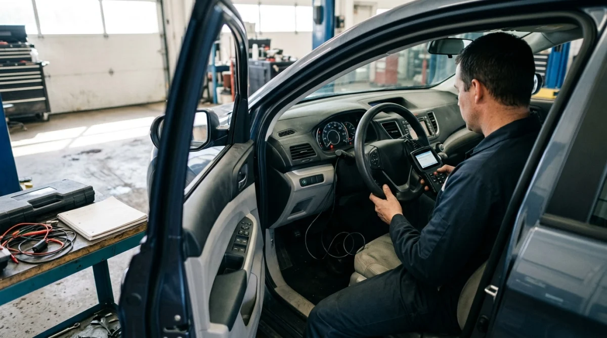 Technician checking an OBD2 scanner and dashboard after repairing a check engine light fault.