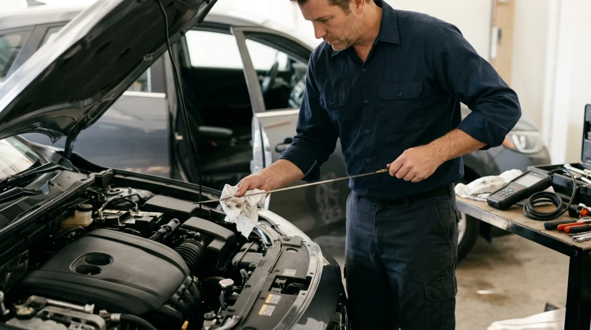 Vehicle owner checking engine oil level after an OBD2 oil light reset.
