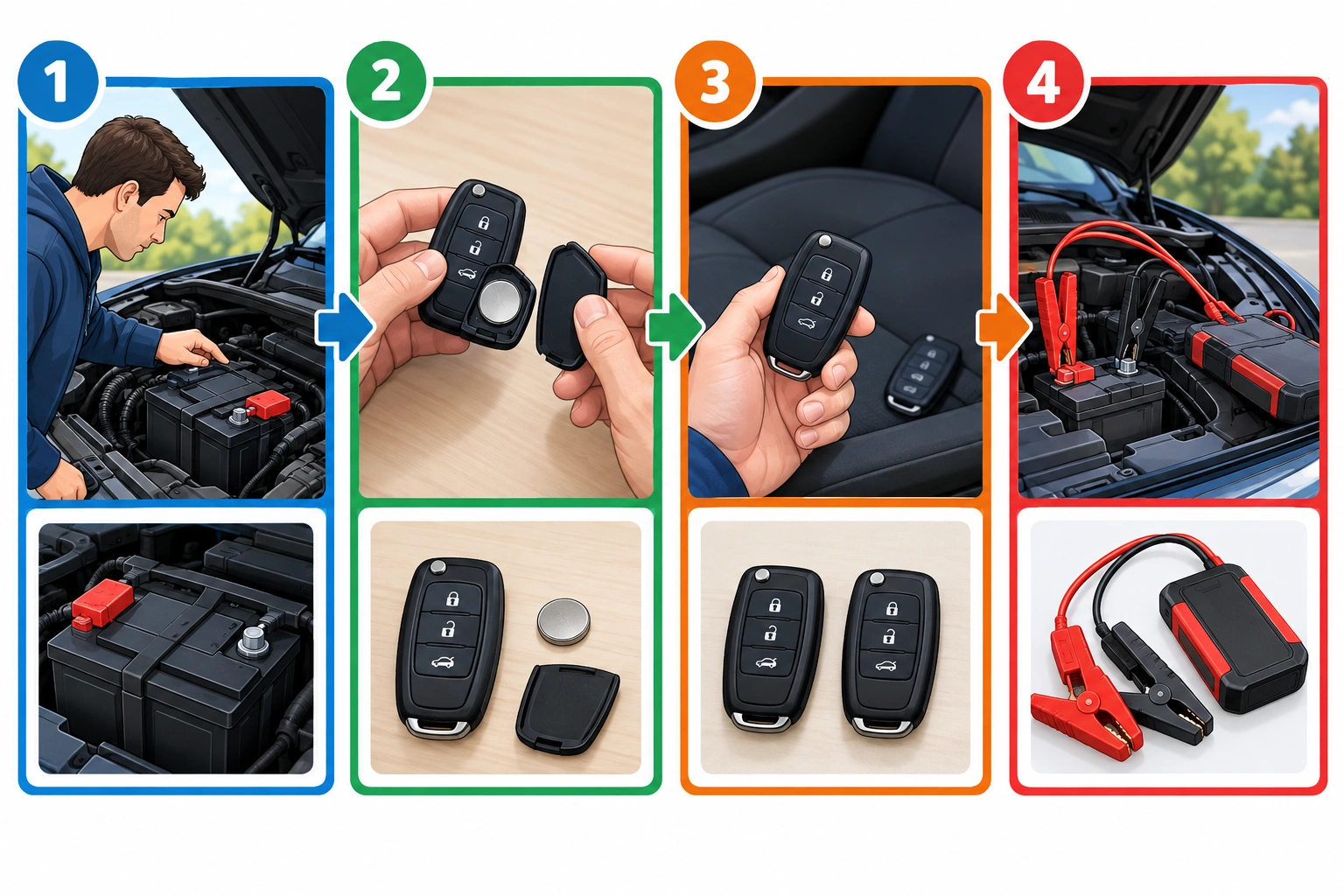 Troubleshooting flowchart for weak car battery and key fob problems